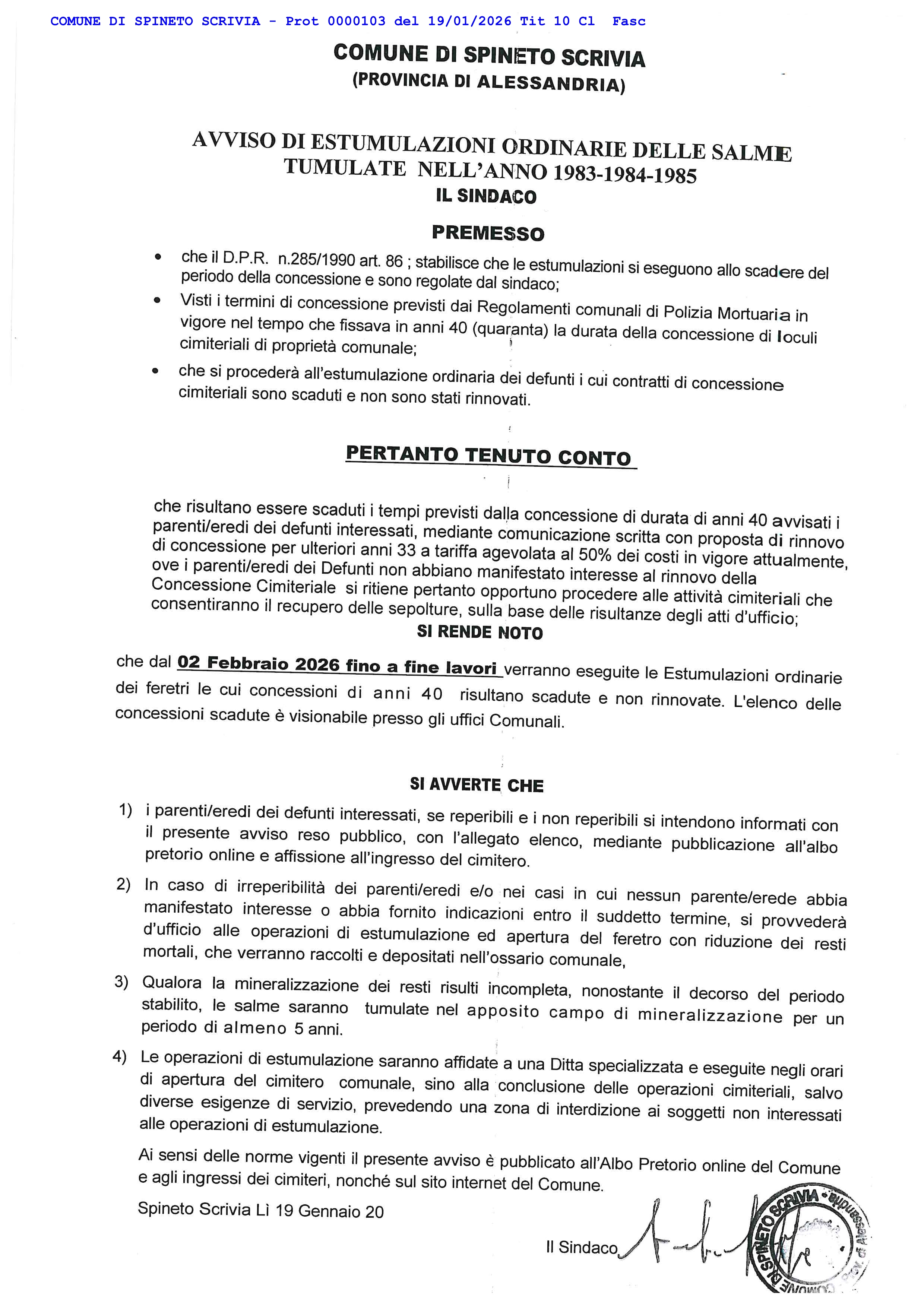 avviso di estumulazioni ordinarie delle salme tumulate negli anni 1983 - 1984 1985